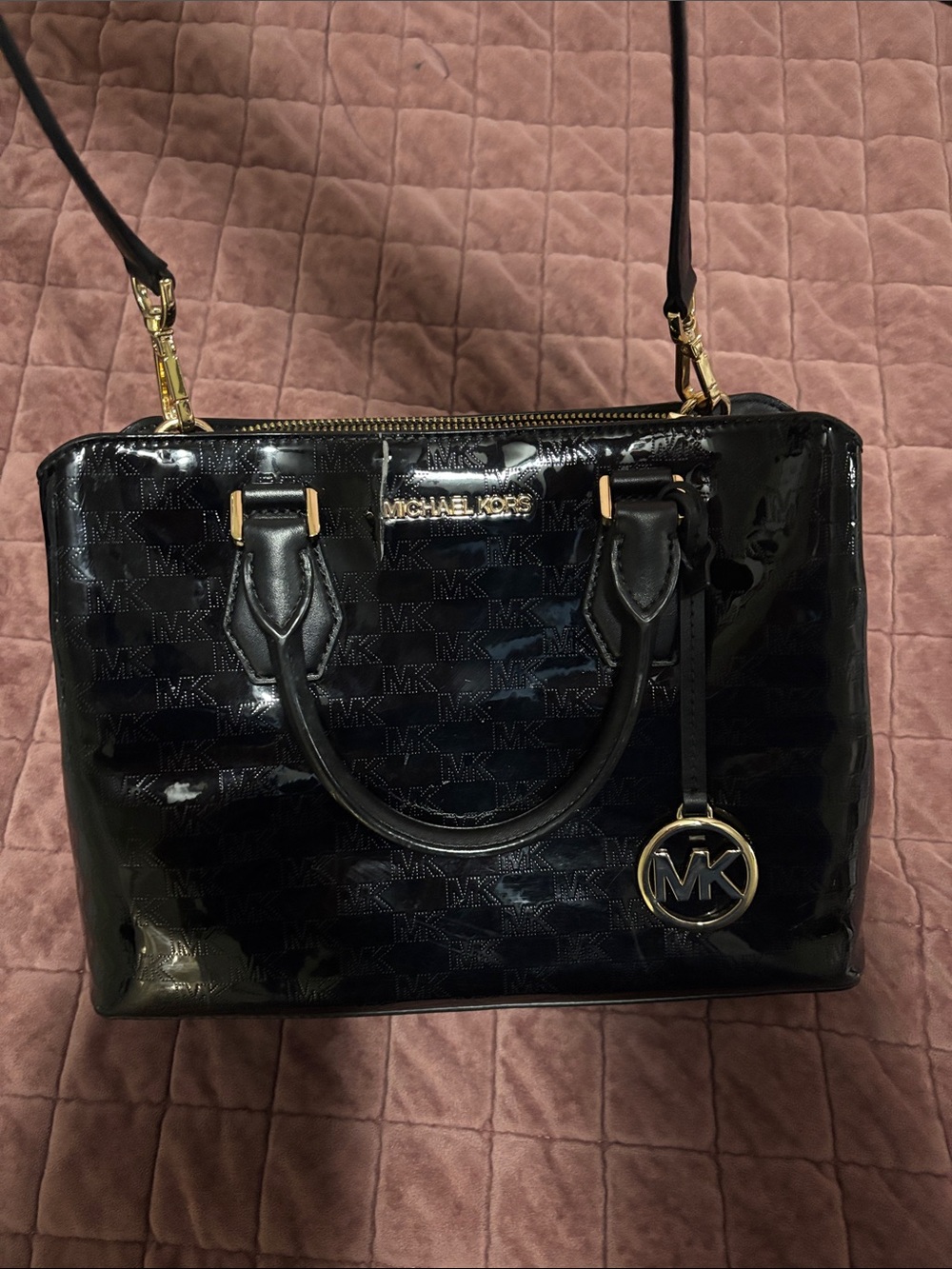Michael Kors Black Patent Satchel with Gold MK Charm
